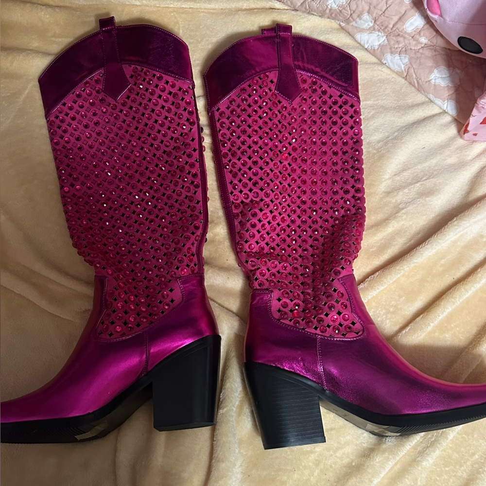 Fuchsia Studded Heeled Boots - Picture 5 of 9
